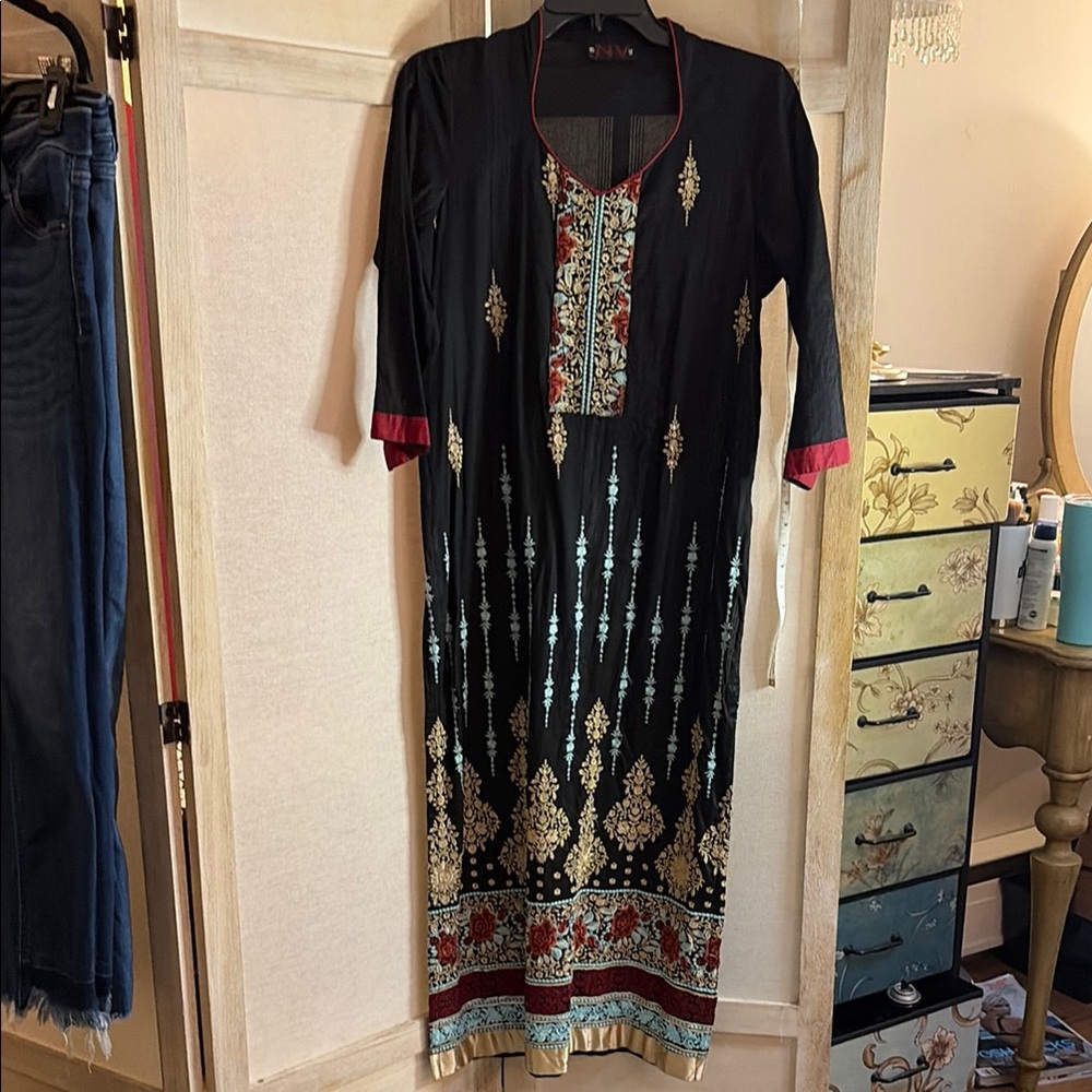 envy Black Floral Embroidered Long Dress with Gold Accents